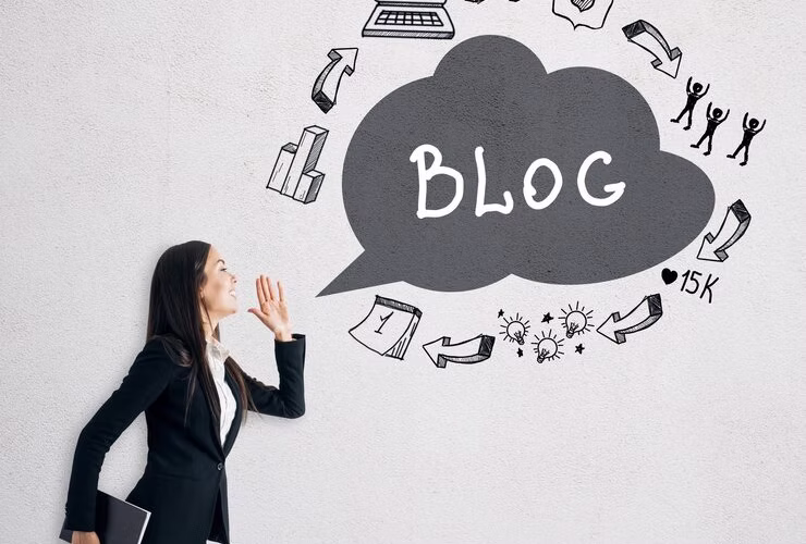 Woman speaking to a blog cloud